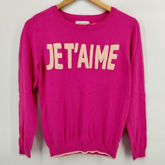 ELLE Women's Pink Je T'aime French I Love You Crewneck Sweater Size Medium - Picture 1 of 8